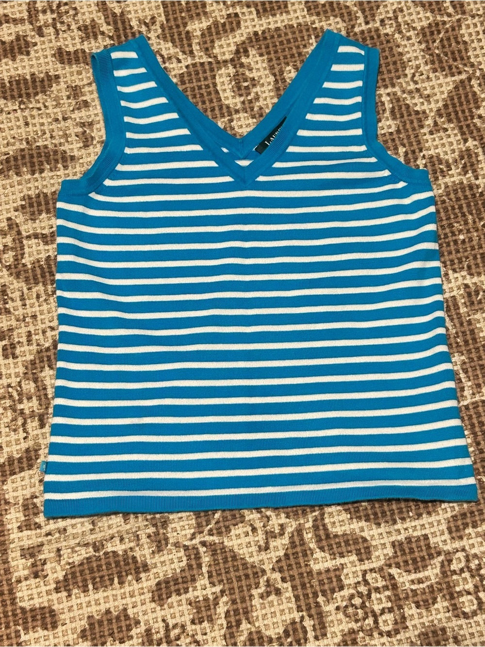 Ralph Lauren Blue White Striped V-Neck Petite Tank Top Knit Size SP